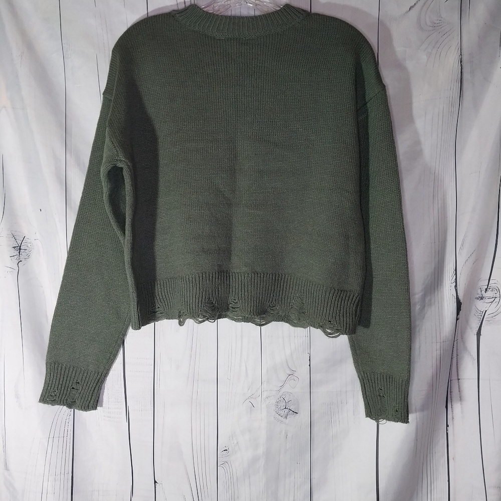 No Boundaries Olive Mushroom Graphic Cropped Grunge Distressed  Sweater - Picture 7 of 9